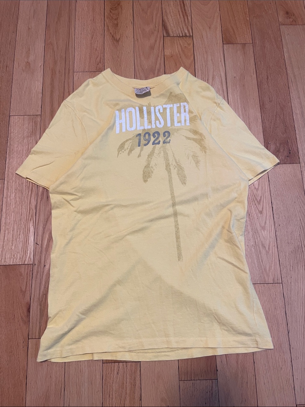 Hollister Men's Pale Yellow Graphic Tee with Palm Print